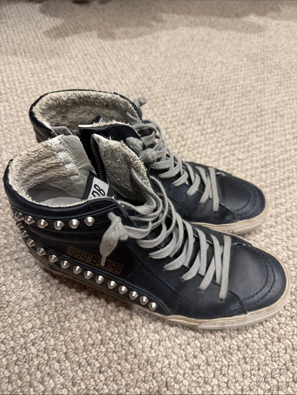 Golden Goose Black Leather Studded High-Top Sneakers with Gray Laces